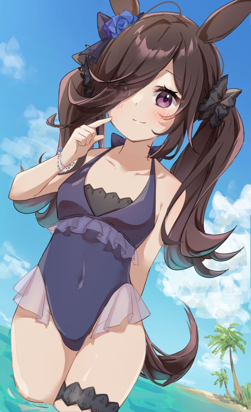 1girl absurdres animal_ears beach black_hair black_swimsuit blue_flower blue_rose blue_sky casual_one-piece_swimsuit clouds collarbone covered_navel day flat_chest flower frilled_swimsuit frills hair_over_one_eye highres horse_ears horse_girl horse_tail long_hair nut_megu one-piece_swimsuit outdoors palm_tree rice_shower_(umamusume) rose sky smile soaking_feet solo standing swimsuit tail tree twintails umamusume violet_eyes