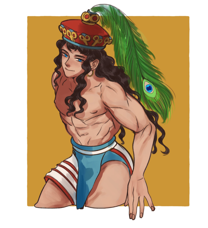 1boy abs bangs biceps black_hair blue_eyes border capelin_s cowboy_shot hat highres long_hair looking_at_viewer minoan_clothes muscular muscular_male nipples original peacock_feathers red_headwear shirtless simple_background solo white_border yellow_background