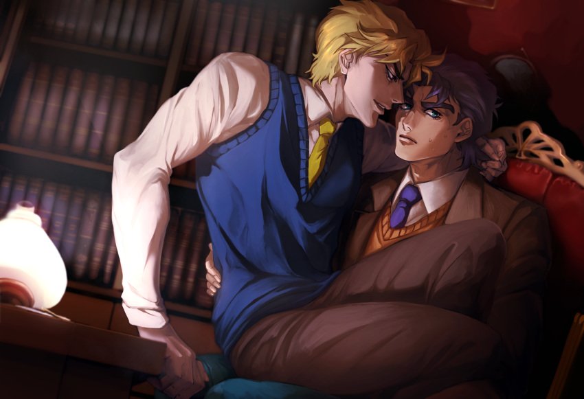 2boys blonde_hair blue_eyes blue_hair brown_pants dio_brando highres hospital_0434 indoors jojo_no_kimyou_na_bouken jonathan_joestar multiple_boys necktie pants phantom_blood red_eyes shirt white_shirt