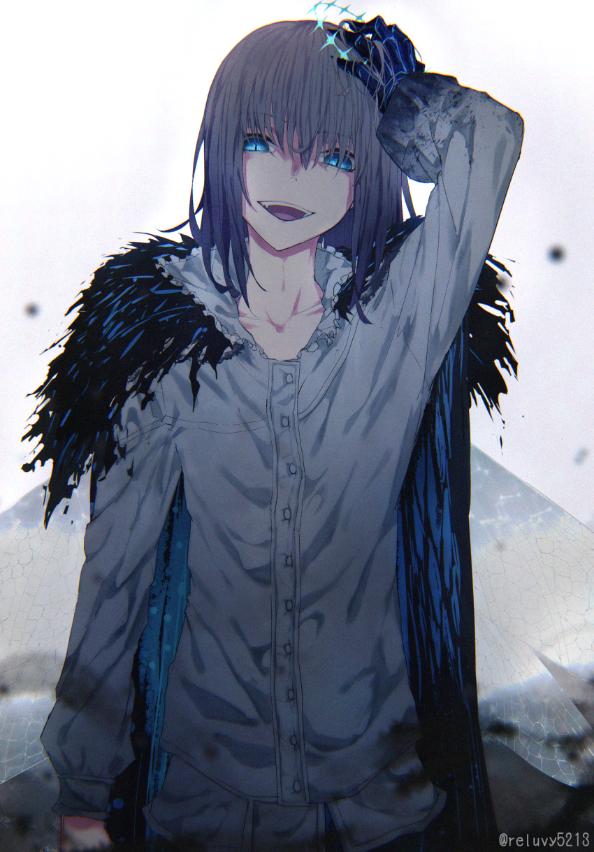 1boy adjusting_clothes adjusting_headwear bangs black_cape blue_eyes buttons cape claws commentary diamond_hairband fate/grand_order fate_(series) frilled_shirt_collar frills grey_hair hand_on_own_head highres insect_wings long_sleeves looking_at_viewer looking_down male_focus medium_hair oberon_(fate) open_mouth reluvy shirt simple_background slit_pupils smile solo spoilers tongue twitter_username upper_teeth white_background white_shirt wings