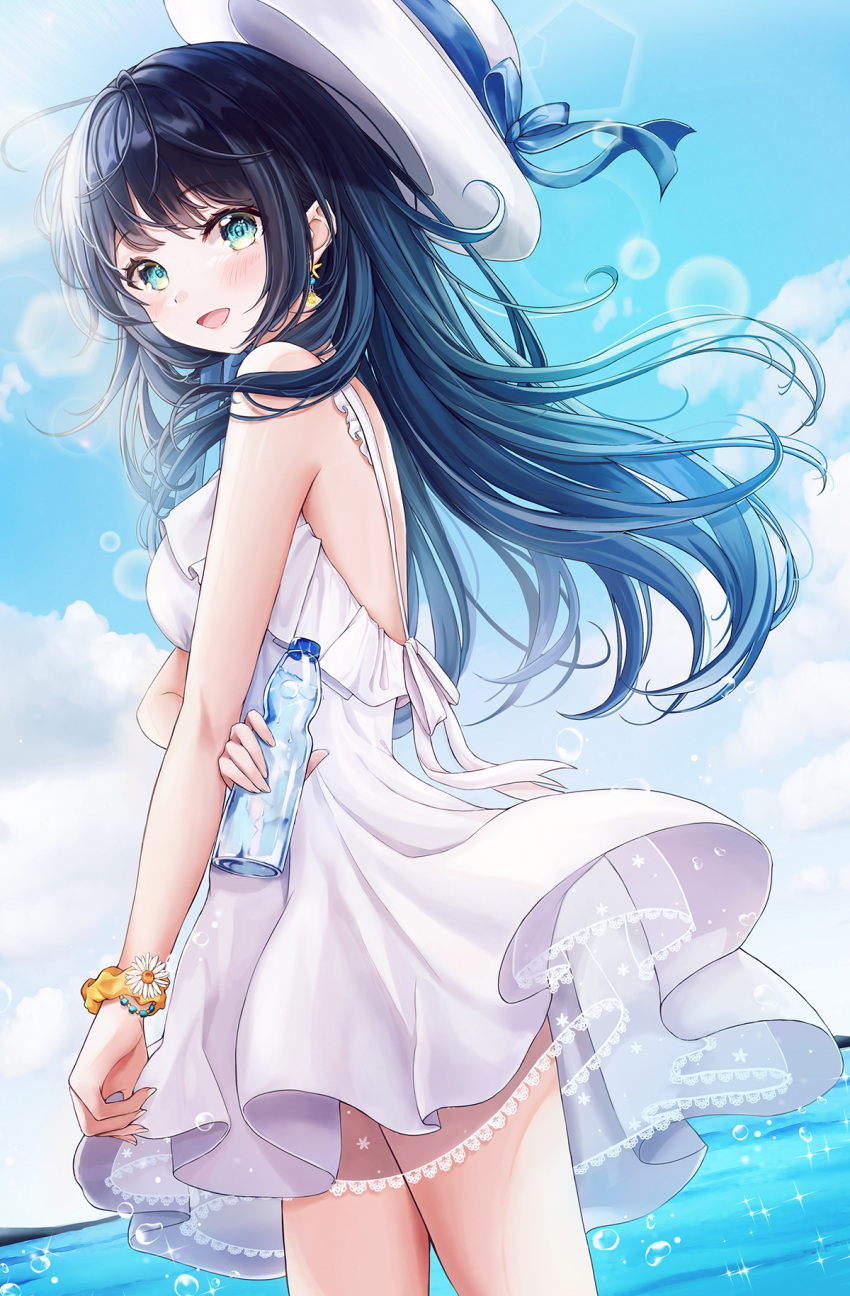 1girl :d aqua_eyes bare_shoulders black_hair blue_hair blue_ribbon blue_sky blush bottle breasts cowboy_shot day dress earrings frilled_dress frills from_side gradient_hair hat hat_ornament hat_ribbon highres holding holding_bottle jewelry kottungyang lens_flare looking_at_viewer looking_to_the_side medium_breasts multicolored_hair ocean open_mouth original outdoors ribbon scrunchie see-through skirt_hold sky sleeveless sleeveless_dress smile sparkle sun_hat sundress water white_dress white_headwear wrist_scrunchie
