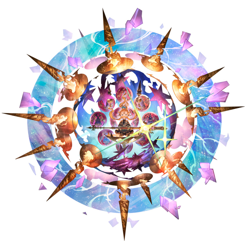 1boy blue_eyes boots cape crossed_legs facial_hair facial_mark floating forehead_mark gloves granblue_fantasy harvin long_hair looking_at_viewer male_focus multiple_weapons mustache official_art orange_hair pointy_ears polearm ponytail simple_background solo sparkle spear transparent_background uno_(granblue_fantasy) weapon