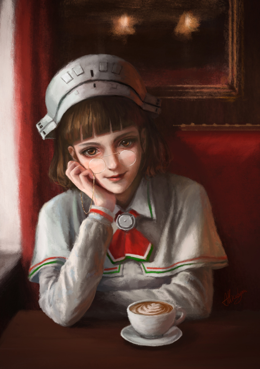 1girl absurdres arise_(allicenogalca) bangs blunt_bangs breasts brown_eyes brown_hair capelet chair coffee cup elbow_gloves eyelashes glasses gloves head_rest headdress highres indoors kantai_collection latte_art lips long_sleeves looking_at_viewer pince-nez realistic red_background roma_(kancolle) short_hair signature simple_background sitting smile solo table upper_body window