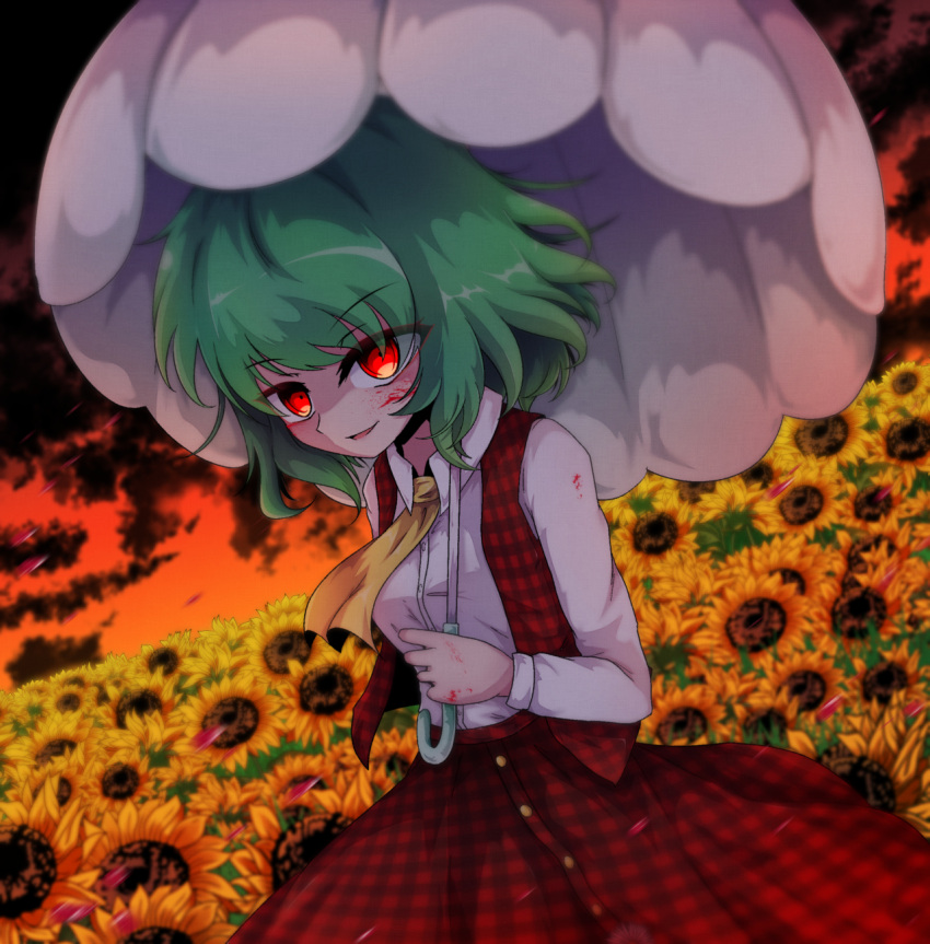 1girl blood blood_on_clothes blood_on_face blood_on_hands blurry blurry_background breasts buttons collared_shirt eyebrows_visible_through_hair field flower flower_field glowing glowing_eyes green_hair highres holding holding_umbrella kazami_yuuka looking_at_viewer medium_breasts medium_hair motion_blur open_mouth outdoors red_skirt red_sky red_vest shen_li shirt skirt skirt_set sky solo sunflower sunflower_petals touhou umbrella vest white_shirt yellow_neckwear