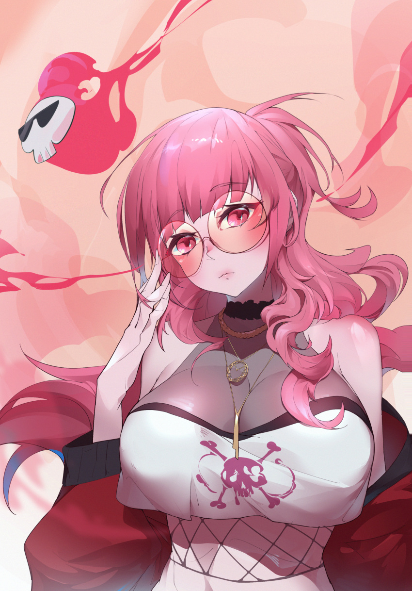 1girl absurdres bangs breasts crop_top death-sensei_(mori_calliope) eevol eyebrows_visible_through_hair finger_to_eyewear glasses halter_top halterneck head_tilt highres hololive hololive_english jacket large_breasts mori_calliope off_shoulder pink_hair ponytail red_jacket round_eyewear solo sunglasses virtual_youtuber