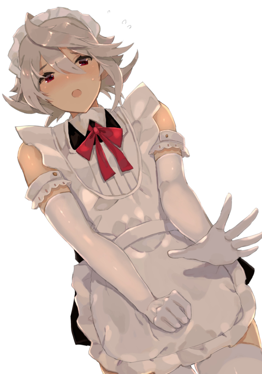 1boy apron armband blonde_hair blush corrin_(fire_emblem) corrin_(fire_emblem)_(male) crossdressinging elbow_gloves embarrassed fire_emblem fire_emblem_fates from_below gloves highres looking_at_viewer maid_headdress otoko_no_ko outstretched_arm pointy_ears red_eyes solo translation_request w_(1999_kyu) white_background