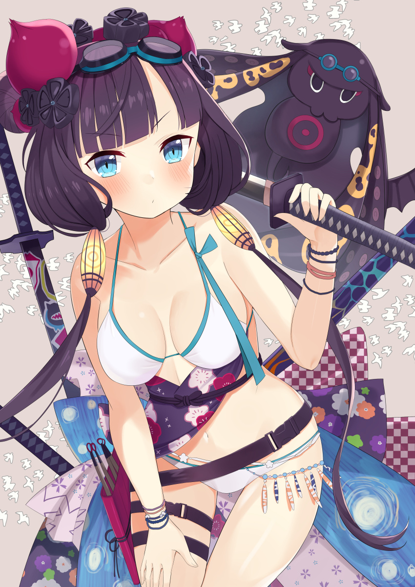 1girl absurdres bikini black_hair blue_eyes blush breasts closed_mouth eyebrows_visible_through_hair fate/grand_order fate_(series) goggles goggles_on_head highres holding holding_sword holding_weapon katsushika_hokusai_(fate) katsushika_hokusai_(swimsuit_saber)_(fate) large_breasts long_hair looking_at_viewer solo swimsuit sword tyoko_tanuki16 weapon white_bikini