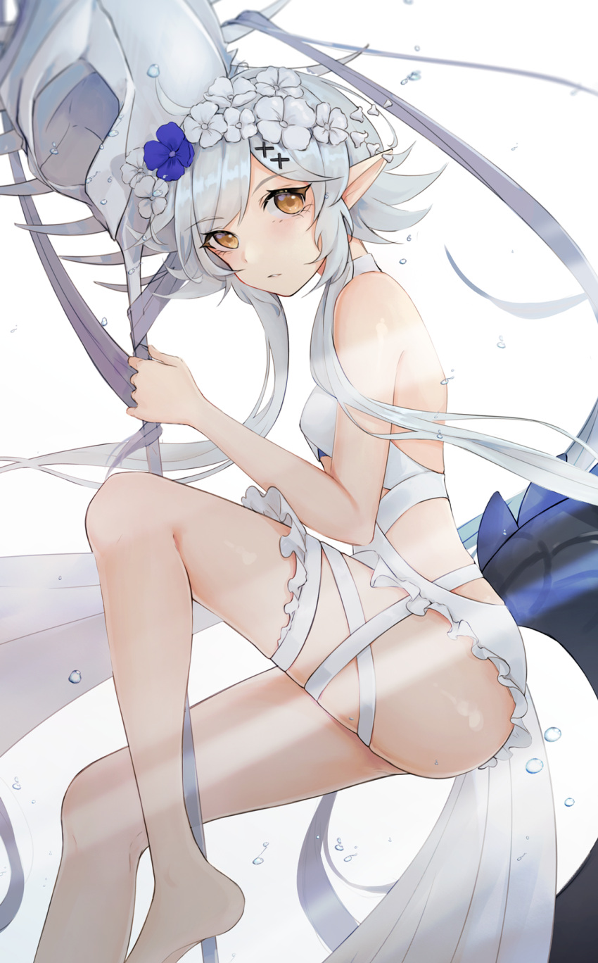 1girl arknights bikini blue_flower breasts chinese_commentary commentary_request eyebrows_visible_through_hair flower foot_out_of_frame grey_hair hair_flower hair_ornament head_wreath highres holding holding_staff knee_up looking_at_viewer nekonomi pointy_ears short_hair simple_background small_breasts solo staff swimsuit tail thigh_strap thighs tomimi_(arknights) tomimi_(silent_night)_(arknights) water white_background white_bikini white_flower x_hair_ornament yellow_eyes