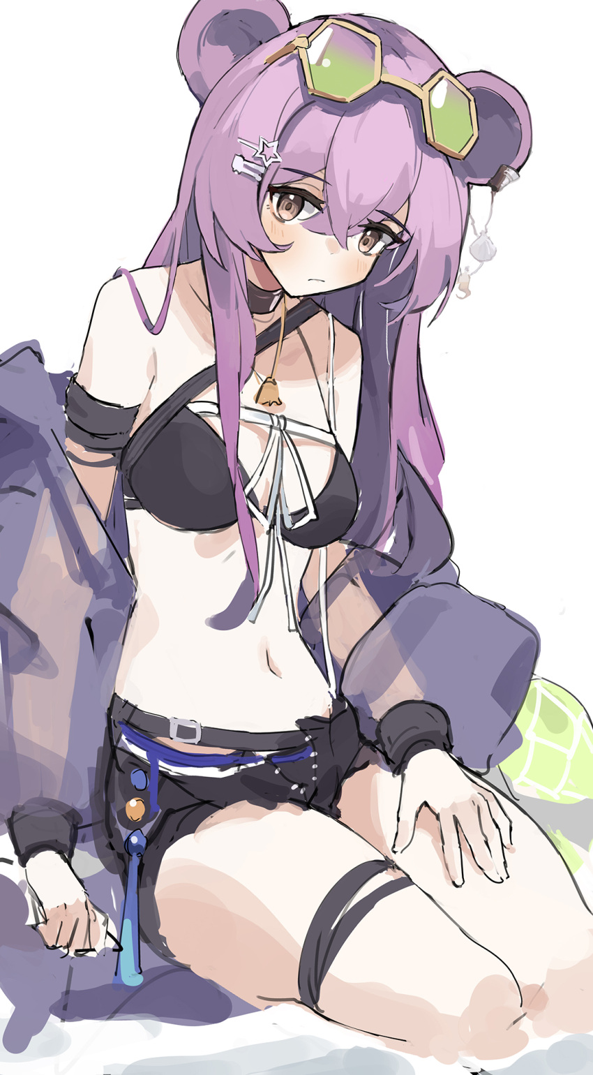 1girl animal_ears arknights armband bikini black_bikini black_collar black_shorts black_wristband collar eyewear_on_head hair_between_eyes hair_ornament hairclip highres jewelry lin_yuhsia_(arknights) long_hair looking_at_viewer micro_shorts mouse_ears necklace pink_hair purple_shirt see-through see-through_shirt shirt shorts simple_background sitting sketch solo sunglasses swimsuit white_background yellow_eyes yurooe
