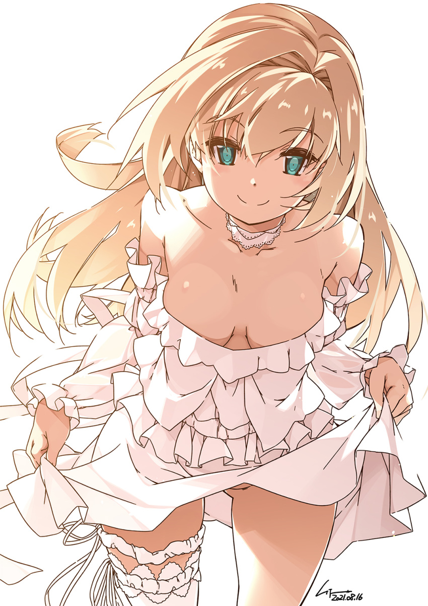 1girl bangs bare_shoulders blonde_hair blue_eyes breasts breasts_apart choker clothes_lift commission cowboy_shot dress dress_lift eyebrows_visible_through_hair frilled_dress frills highres leaning_forward lifted_by_self long_hair looking_at_viewer medium_breasts no_panties original shikei single_thighhigh skeb_commission smile solo thigh-highs white_background white_dress white_legwear