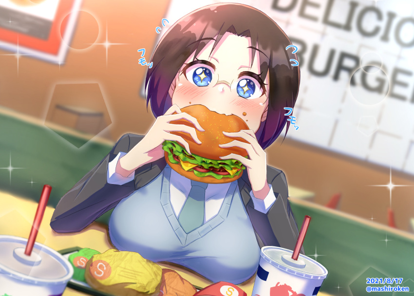 1girl absurdres artist_name black_hair blue_eyes blue_vest blurry blurry_background blush breasts breasts_on_table burger cup dated disposable_cup drinking_straw elma_(maidragon) eyebrows_visible_through_hair fast_food food food_in_mouth food_on_face formal gradient_hair highres holding holding_food indoors kobayashi-san_chi_no_maidragon large_breasts lettuce looking_at_viewer mashiroken07 multicolored_hair necktie office_lady restaurant shirt short_hair sliced_cheese solo sparkle sparkling_eyes suit suit_jacket tomato tray vest
