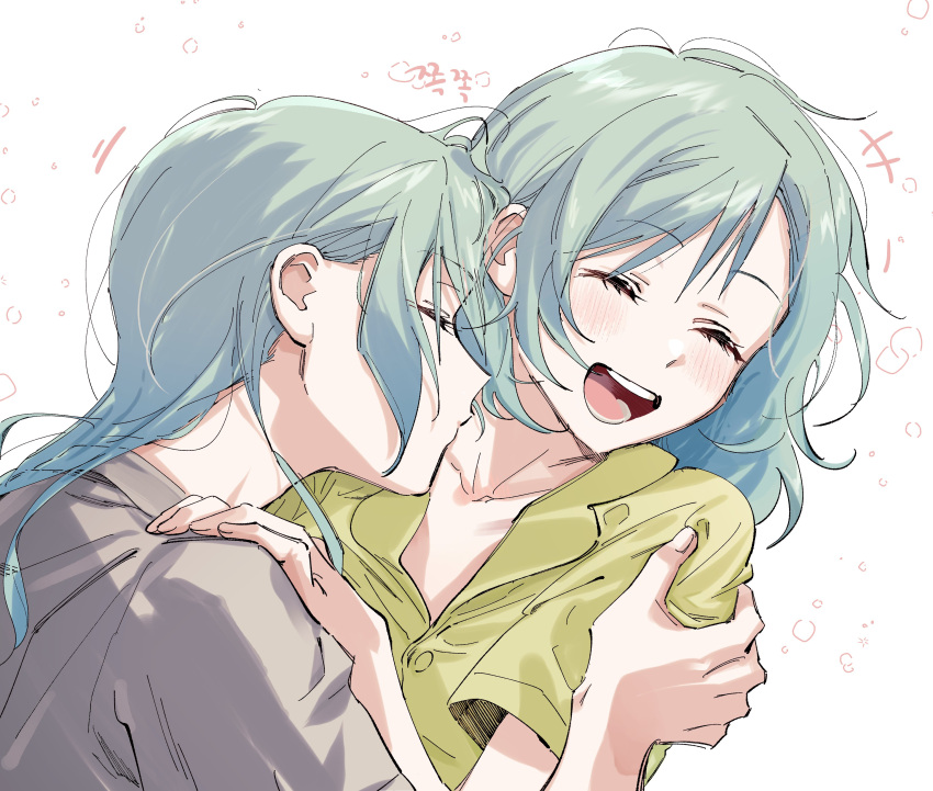 +++ 2girls :d absurdres bang_dream! bangs blush closed_eyes closed_mouth collarbone commentary_request eyebrows_visible_through_hair facing_another fingernails green_hair grey_shirt hair_behind_ear hair_down hand_on_another's_arm hand_on_another's_shoulder highres hikawa_hina hikawa_sayo incest kiss kissing_neck korean_commentary long_hair medium_hair motion_lines multiple_girls open_mouth profile shirt short_sleeves siblings sidelocks sisters smile twincest twins white_background yellow_shirt yuri zihacheol