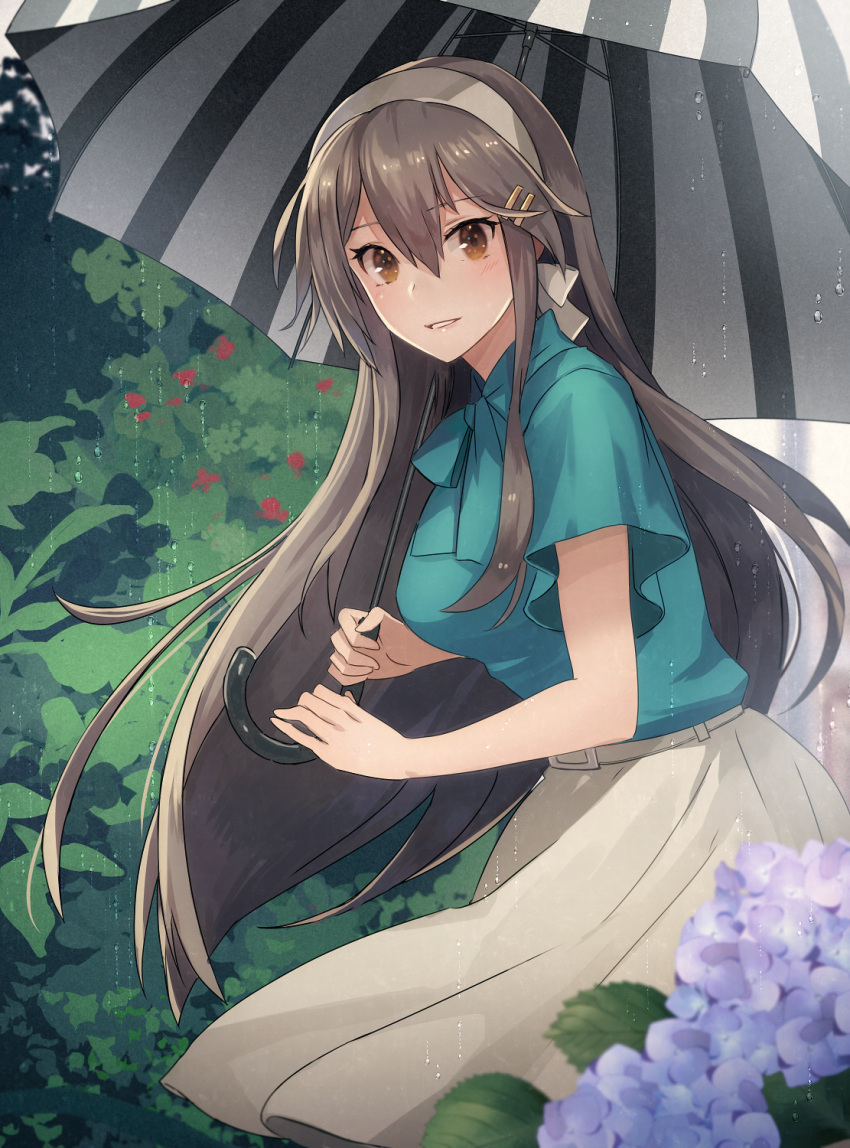 1girl black_hair blue_flower brown_eyes flower green_shirt hair_between_eyes hair_ornament hairband hairclip haruna_(kancolle) highres holding holding_umbrella hydrangea kantai_collection kasumi_(skchkko) long_hair official_alternate_costume shirt short_sleeves skirt smile solo striped_umbrella umbrella white_hairband white_skirt