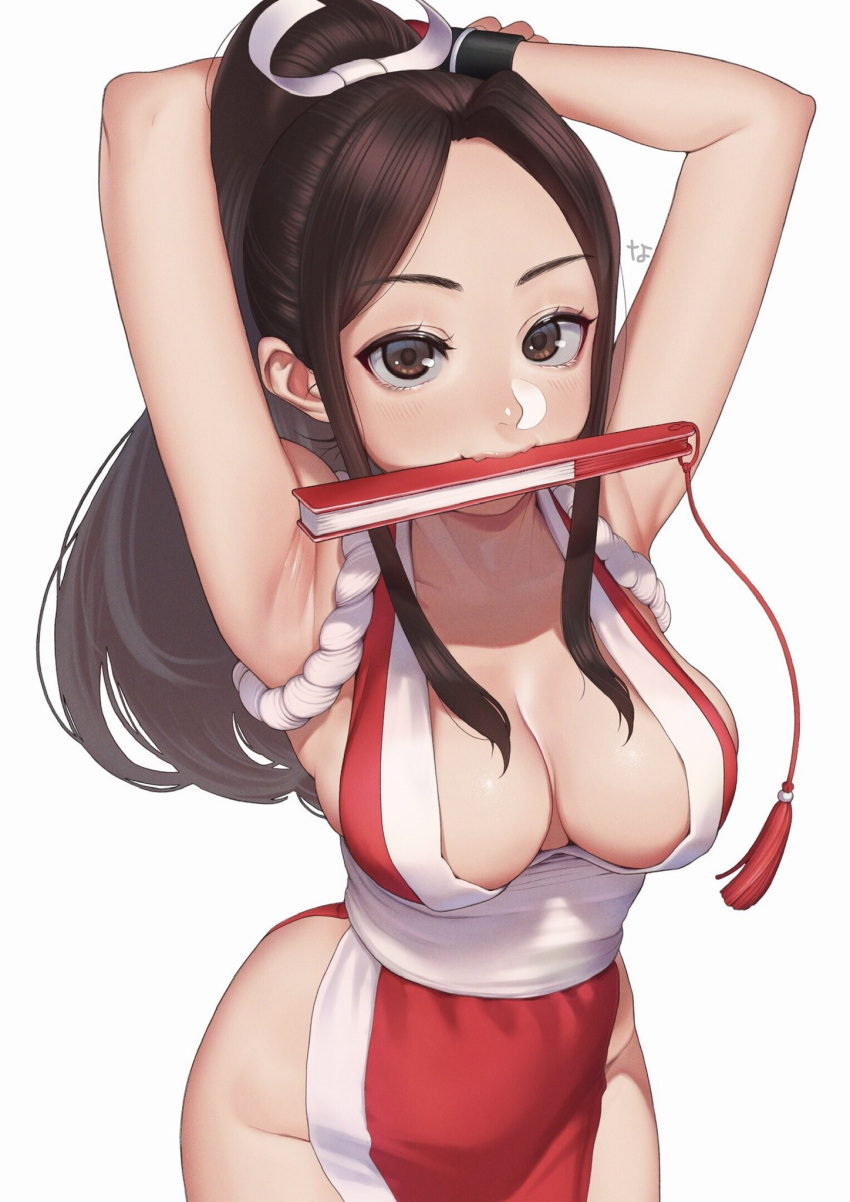 armpits arms_behind_head arms_up breasts brown_eyes brown_hair closed_fan folding_fan hand_fan highres holding holding_fan large_breasts looking_at_viewer nanja ninja pelvic_curtain ponytail revealing_clothes shiranui_mai sideboob the_king_of_fighters white_background