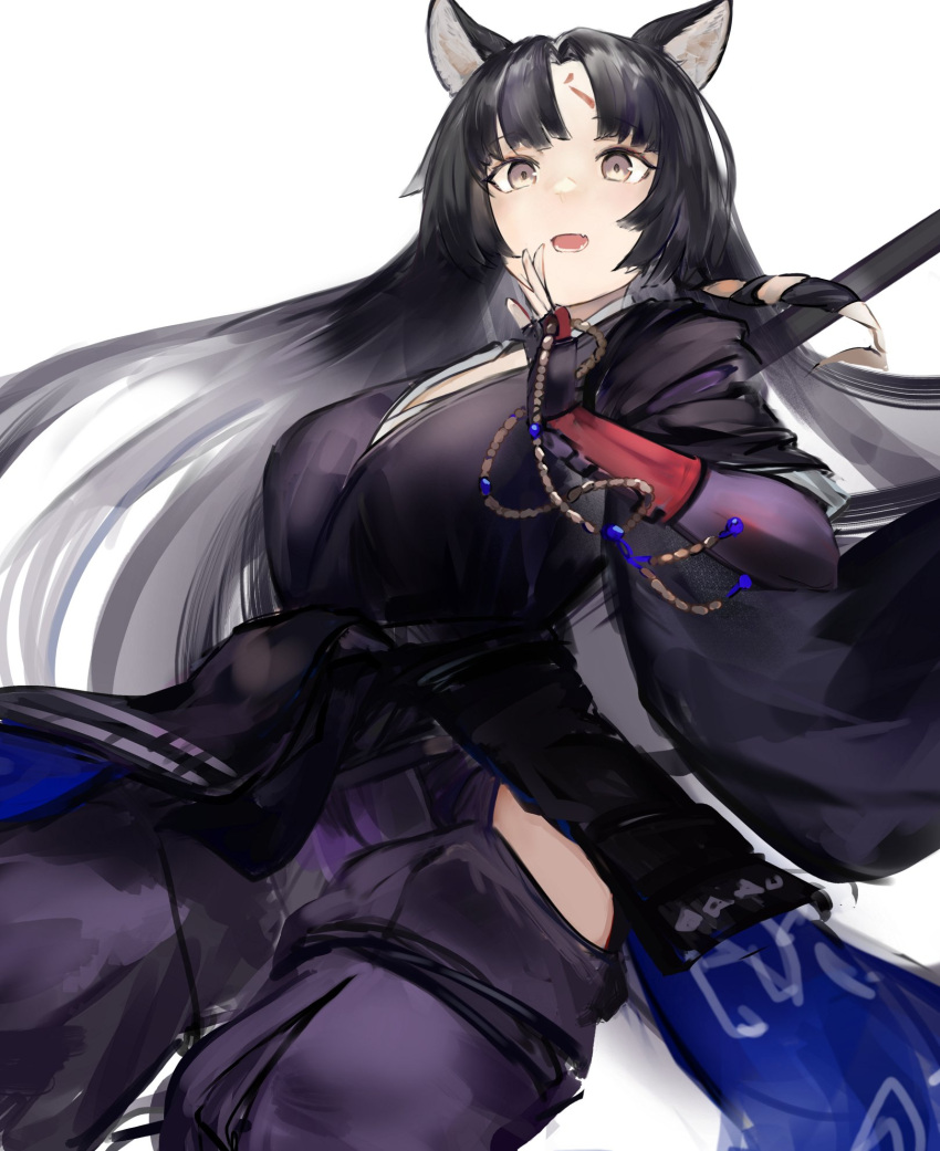 1girl animal_ears arknights bangs black_gloves black_hair black_kimono breasts english_commentary facial_mark fingerless_gloves floating_hair forehead_mark gloves gnai gradient_hair grey_hair highres japanese_clothes kimono large_breasts multicolored_hair open_hand open_mouth saga_(arknights) smile solo white_background yellow_eyes