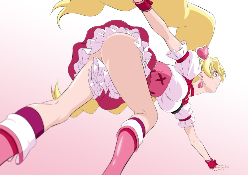 1girl bent_over blonde_hair boots breasts closed_mouth cure_peach earrings fresh_precure! from_below fuchi_(nightmare) gradient gradient_background hair_ornament heart heart_earrings heart_hair_ornament high-waist_skirt jewelry knee_boots kneehighs large_breasts layered_skirt long_hair miniskirt pink_background pink_footwear pink_skirt precure profile red_legwear shiny_footwear shirt short_sleeves skirt solo twintails very_long_hair white_background white_shirt wrist_cuffs