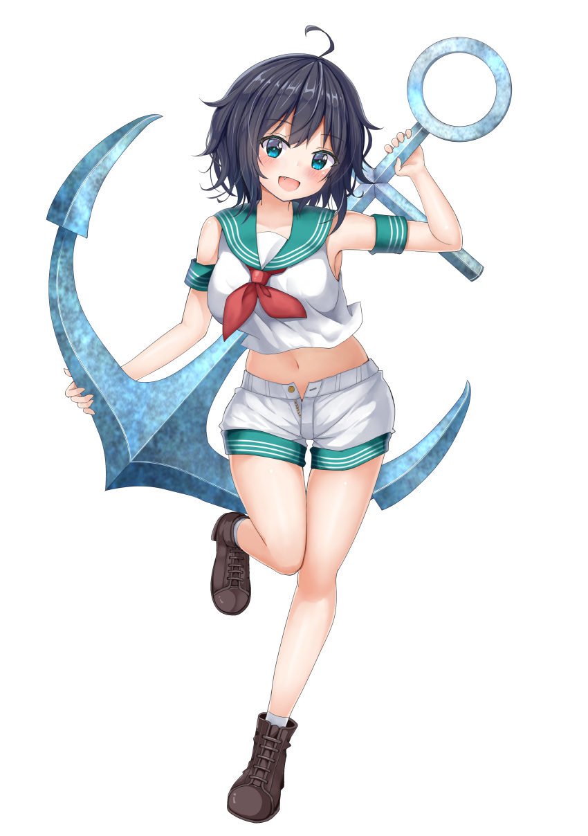 1girl :d absurdres adapted_costume ahoge aqua_eyes arm_up armband bangs black_hair blush boots breasts bright_pupils collarbone crop_top eyebrows_visible_through_hair fang full_body highres holding_anchor large_breasts legs looking_at_viewer midriff murasa_minamitsu navel neckerchief no_hat no_headwear open_mouth shirt short_hair shorts simple_background sleeveless sleeveless_shirt smile solo standing standing_on_one_leg suigetsu_(watermoon-910) touhou unzipped white_background white_shirt white_shorts