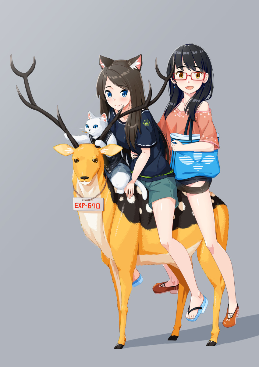 2girls :d absurdres aina_(mao_lian) animal_ear_fluff animal_ears bag blue_eyes blue_shirt blue_shorts brown_eyes brown_hair cat cat_ears cat_tail closed_mouth deer glasses grey_background highres long_hair looking_at_viewer mao_lian_(nekokao) multiple_girls off-shoulder_shirt off_shoulder open_mouth orange_footwear orange_shirt original red-framed_eyewear riding sandals shirt shoes short_shorts short_sleeves shorts shoulder_bag sign sign_around_neck simple_background smile tail white_cat