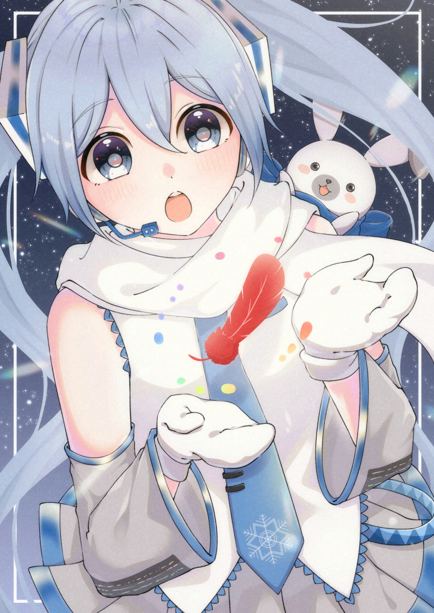 1girl 1other :o absurdres bare_shoulders belt blue_neckwear blush_stickers commentary detached_sleeves framed_image hair_ornament hatsune_miku headphones headset highres holding light_blue_eyes light_blue_hair long_hair miniskirt mittens necktie night night_sky open_mouth outdoors pleated_skirt rabbit rabbit_yukine rainbow red_feathers refraction scarf shirt silver_skirt silver_sleeves skirt sky sleeveless sleeveless_shirt smile snowflake_print star_(sky) starry_sky twintails upper_body very_long_hair vocaloid white_mittens white_scarf white_shirt yoshioka_machiko yuki_miku yuki_miku_(2011)