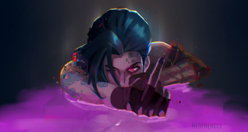 1girl aqua_hair arcane:_league_of_legends artist_name asymmetrical_bangs bangs bella_nalin_(redtreaclx) blood blue_nails brown_gloves cloud_tattoo detached_sleeves fingerless_gloves glitch gloves gradient gradient_background grey_background highres jinx_(league_of_legends) league_of_legends long_hair looking_at_viewer lying middle_finger nail_polish on_stomach one_eye_closed pink_blood pink_eyes solo striped_sleeves