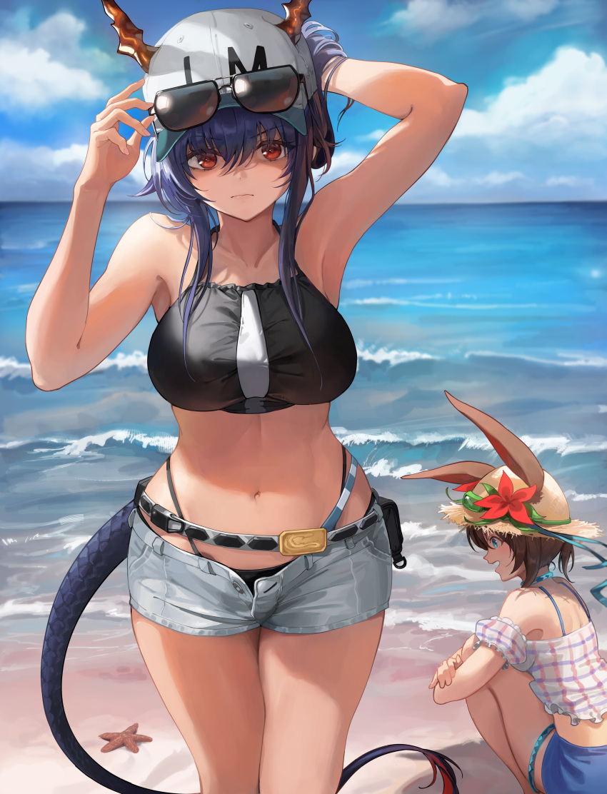 2girls absurdres amiya_(arknights) animal_ears arknights arm_up armpits bangs bare_arms bare_shoulders belt blue_eyes blue_hair blush breasts brown_hair ch'en_(arknights) closed_mouth collarbone dragon_girl dragon_horns dragon_tail eyebrows_visible_through_hair female_tourist_c_(arknights) flower hand_in_hair hat hat_flower hat_ornament highres horns ko-ma large_breasts looking_at_viewer midriff multiple_girls navel ocean off_shoulder outdoors rabbit_ears rabbit_girl red_eyes short_shorts shorts standing starfish straw_hat sunglasses tail thighs water
