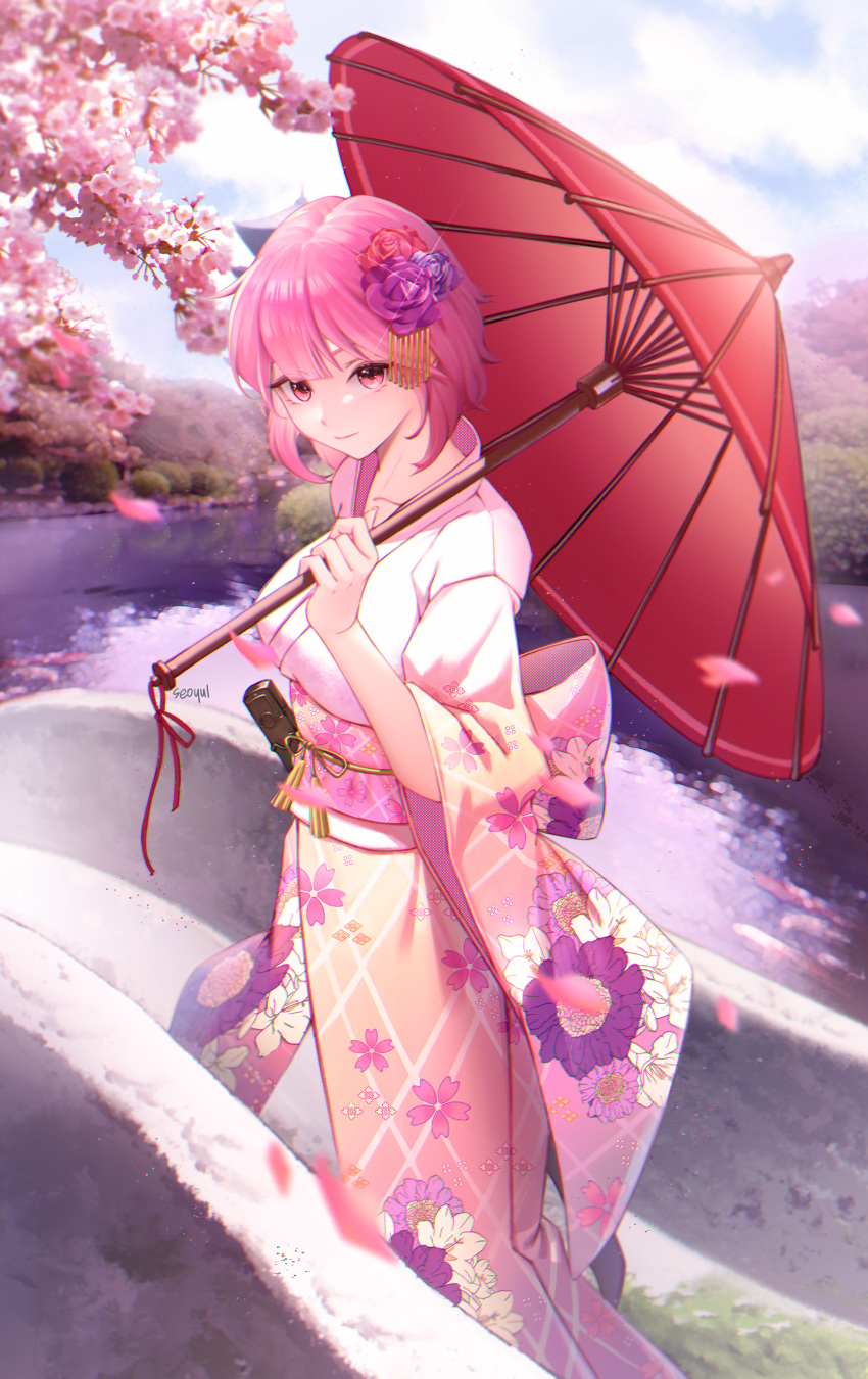 1girl absurdres alchemy_stars bangs branch breasts cherry_blossoms closed_mouth commentary_request day floral_print flower hair_flower hair_ornament highres hiiro_(alchemy_stars) holding holding_umbrella japanese_clothes kimono large_breasts long_sleeves looking_at_viewer obi oil-paper_umbrella outdoors petals pink_eyes pink_hair pink_kimono print_kimono purple_flower purple_rose red_flower red_rose rose sash seoyul short_hair signature smile solo standing umbrella water wide_sleeves