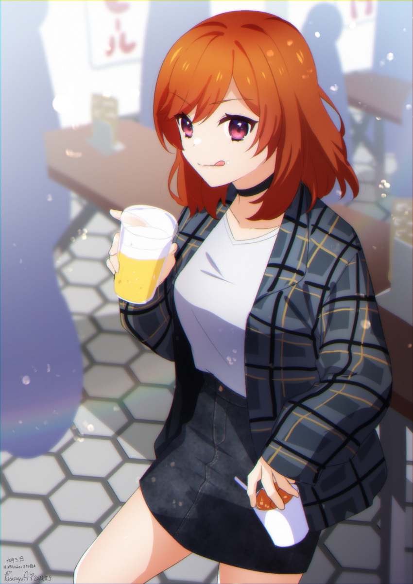1girl alcohol bangs beer black_choker black_skirt blurry blurry_background breasts brown_hair choker collarbone cup denim denim_skirt depth_of_field drinking_glass eyebrows_visible_through_hair grey_jacket highres holding holding_cup indie_virtual_youtuber indoors jacket kitasaya_ai licking_lips long_sleeves nagatsuki_mika open_clothes open_jacket plaid plaid_jacket red_eyes shirt silhouette skirt sleeves_past_wrists small_breasts solo_focus tongue tongue_out v-shaped_eyebrows virtual_youtuber white_shirt