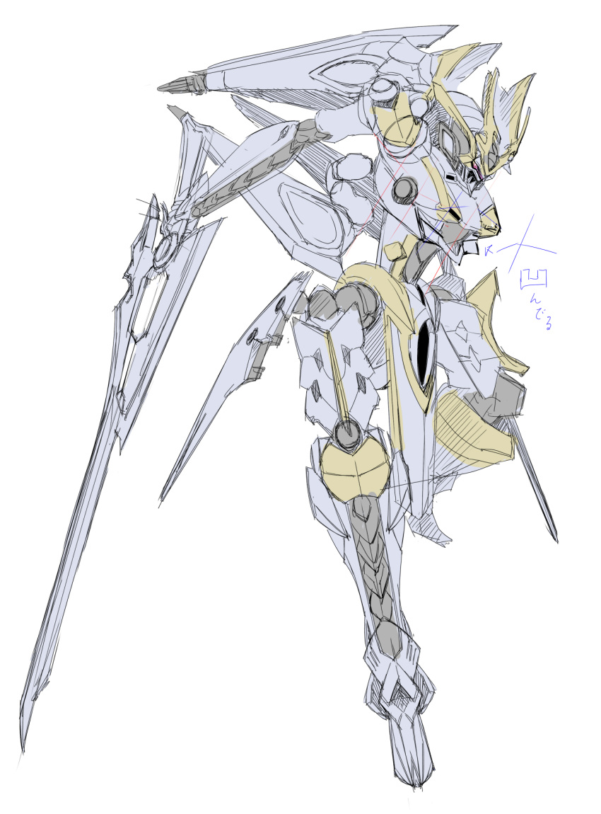dual_wielding head_tilt highres holding ikaruga_(knight's_&amp;_magic) knight's_&amp;_magic looking_at_viewer mecha no_humans red_eyes sketch solo sts v-fin white_background