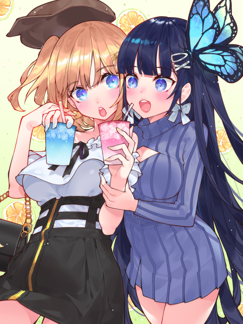 2girls aoi_nabi bag black_skirt blonde_hair blue_eyes blue_nails blue_sweater breasts brown_headwear butterfly_hair_ornament cup hair_ornament hat highres holding holding_bag holding_cup hololive hololive_english indie_virtual_youtuber looking_at_another medium_breasts multiple_girls nail_polish open_mouth ribbed_sweater skirt smile sweater turtleneck turtleneck_sweater virtual_youtuber waterring watson_amelia yellow_nails