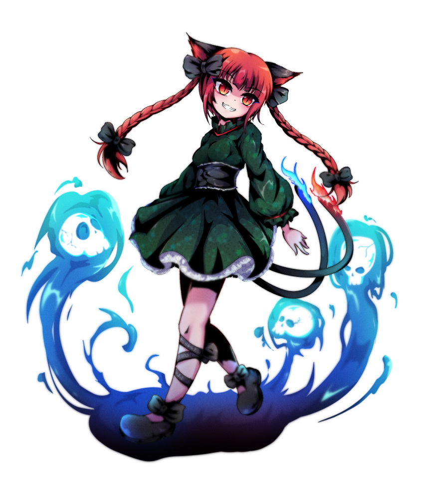 1girl animal_ears bangs black_footwear blunt_bangs braid breasts cat_ears cat_tail chinese_commentary dress eyebrows_visible_through_hair full_body green_dress grin head_tilt highres kaenbyou_rin leaning_back long_hair long_sleeves looking_at_viewer medium_breasts multiple_tails puffy_long_sleeves puffy_sleeves red_eyes redhead shen_li smile solo tail touhou transparent_background twin_braids two_tails walking