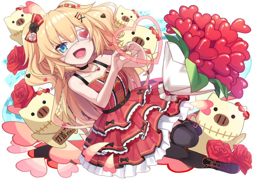 1girl :d akai_haato bare_arms bare_shoulders black_choker black_legwear blonde_hair blue_eyes bouquet bow choker dress eyepatch flower frilled_dress frills hair_bow hair_ornament hairclip heart heart_eyepatch heart_hands heart_necklace hololive layered_dress long_hair looking_at_viewer medical_eyepatch open_mouth red_dress red_flower red_rose rose short_dress sleeveless sleeveless_dress smile solo thigh-highs tokumaro two_side_up virtual_youtuber white_eyepatch