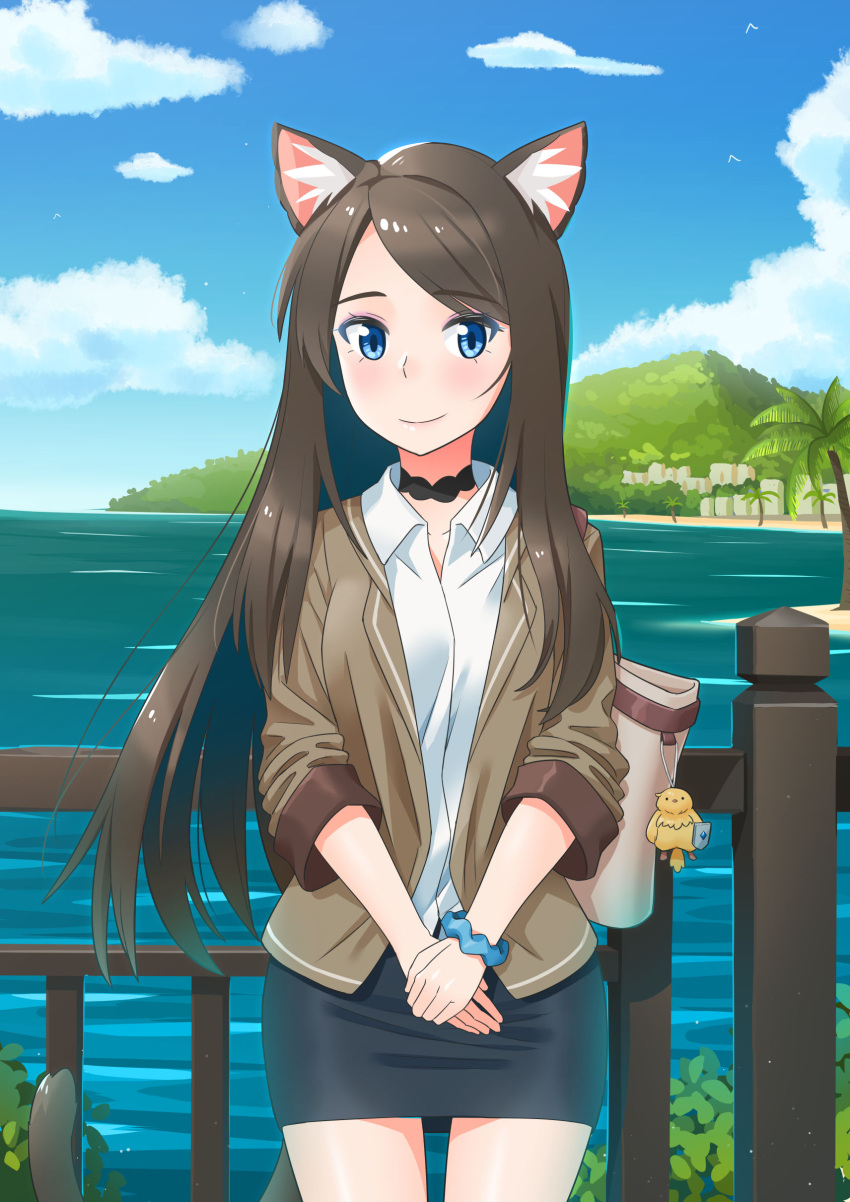1girl absurdres aina_(mao_lian) animal_ear_fluff animal_ears bag bag_charm black_skirt blue_eyes blue_sky brown_hair brown_jacket cat_ears cat_tail charm_(object) closed_mouth clouds day eyeshadow highres jacket long_hair long_sleeves looking_at_viewer lossy-lossless makeup mao_lian_(nekokao) miniskirt ocean open_clothes open_jacket original outdoors own_hands_together pencil_skirt railing scrunchie shirt shoulder_bag skirt sky smile solo standing tail v_arms white_shirt wrist_scrunchie