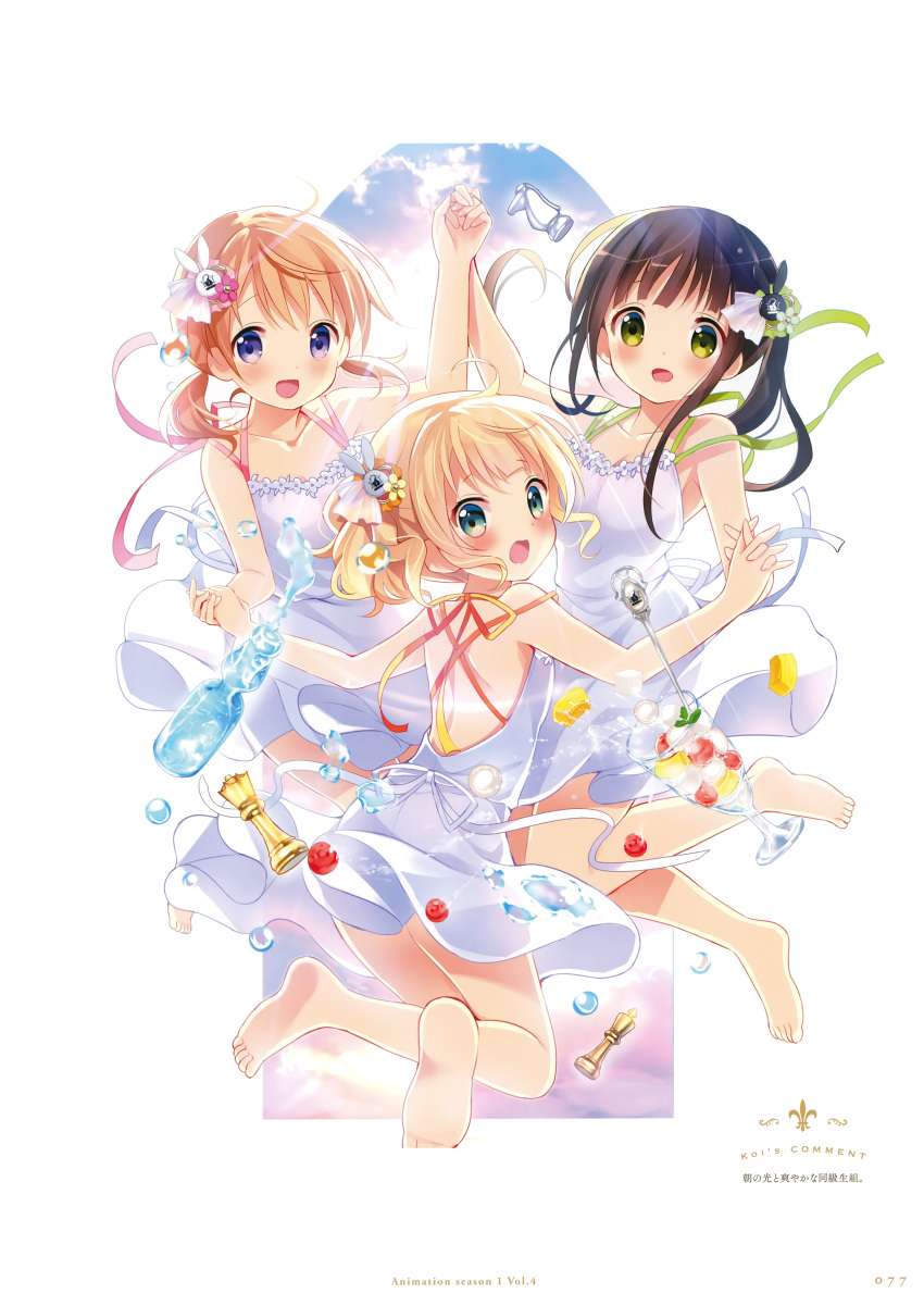 3girls absurdres aqua_eyes arm_up artist_name backless_dress backless_outfit barefoot blonde_hair blush brown_hair bunny_hair_ornament chess_piece collarbone dress gochuumon_wa_usagi_desu_ka? green_eyes hair_ornament halterneck highres holding_hands hoto_cocoa interlocked_fingers king_(chess) kirima_sharo knight_(chess) koi_(koisan) light_brown_hair long_hair looking_at_viewer looking_back multiple_girls official_art orange_ribbon page_number pink_ribbon queen_(chess) red_ribbon ribbon shiny shiny_hair short_dress sleeveless sleeveless_dress sundress ujimatsu_chiya violet_eyes white_dress