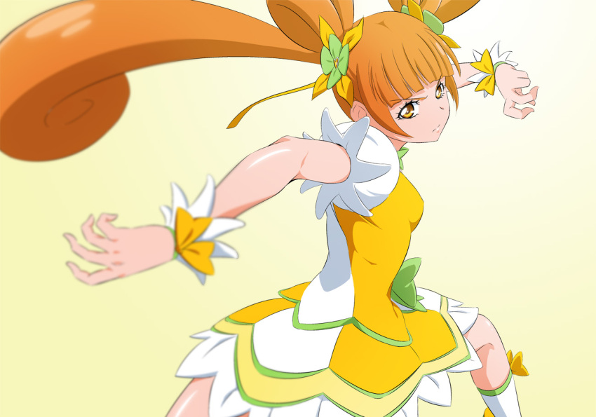 1girl boots bow brown_hair closed_mouth cure_rosetta dokidoki!_precure floating_hair flower frown fuchi_(nightmare) green_flower hair_flower hair_ornament hair_ribbon jacket knee_boots layered_skirt long_hair miniskirt multicolored multicolored_clothes multicolored_skirt precure ribbon shiny shiny_hair short_sleeves simple_background skirt solo standing twintails two-tone_jacket v-shaped_eyebrows very_long_hair white_background white_footwear white_jacket white_skirt wrist_cuffs yellow_bow yellow_eyes yellow_jacket yellow_ribbon yellow_skirt