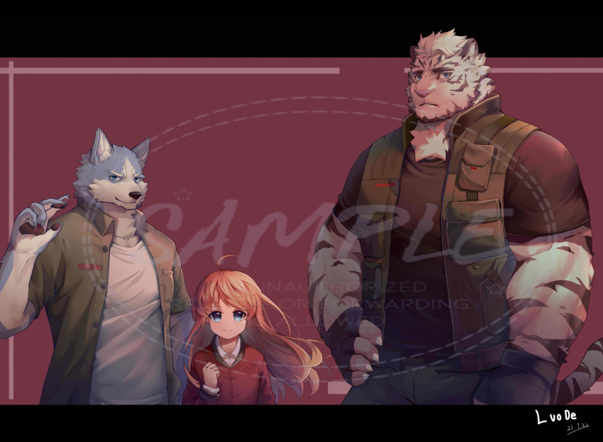 1girl 2boys absurdres alternate_costume animal_ears animal_hands arknights black_shirt character_request da_luode denim furry green_jacket hand_on_hip highres jacket jeans large_pectorals mountain_(arknights) multiple_boys muscular muscular_male pants pectorals sample scar scar_across_eye shirt short_hair sleeveless sleeveless_jacket tiger_boy tiger_ears watermark white_fur white_hair white_pants wolf_boy wolf_ears