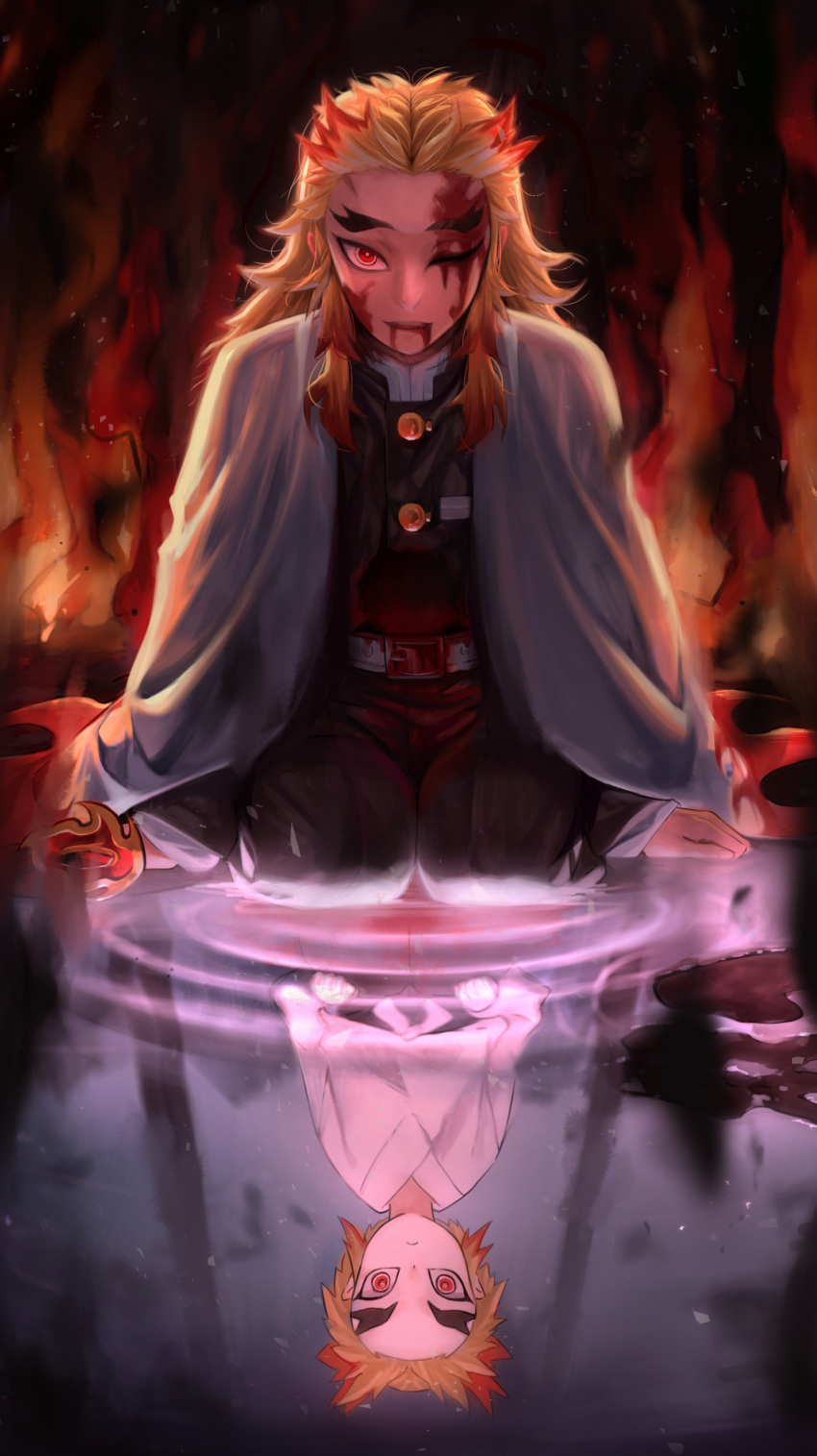 1boy absurdres belt black_legwear black_shirt blonde_hair blood blood_from_mouth blood_on_clothes blood_on_face buttons cape fiery_background fire hakama highres injury japanese_clothes kimetsu_no_yaiba looking_at_viewer male_focus multicolored_hair red_eyes redhead reflection rengoku_kyoujurou ripples seiza shirt sitting solo spoilers thick_eyebrows torriet two-tone_hair uniform v-shaped_eyebrows water white_cape younger