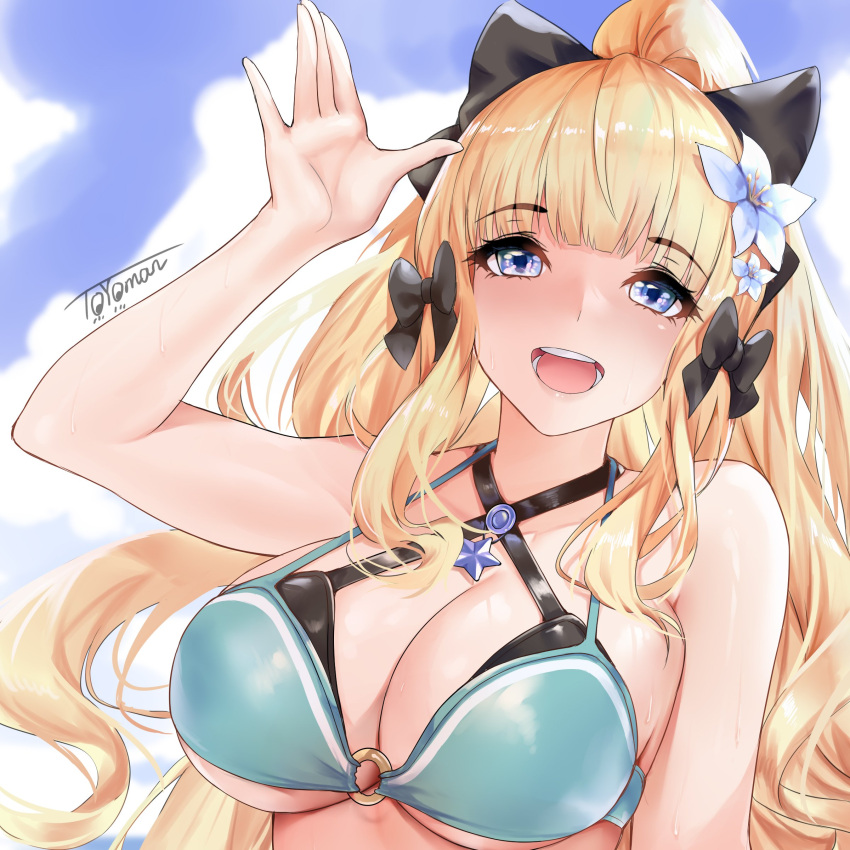 absurdres bikini blonde_hair blue_eyes breasts hair_ribbon highres large_breasts open_mouth princess_connect! ribbon saren_(princess_connect!) swimsuit toyoman waving