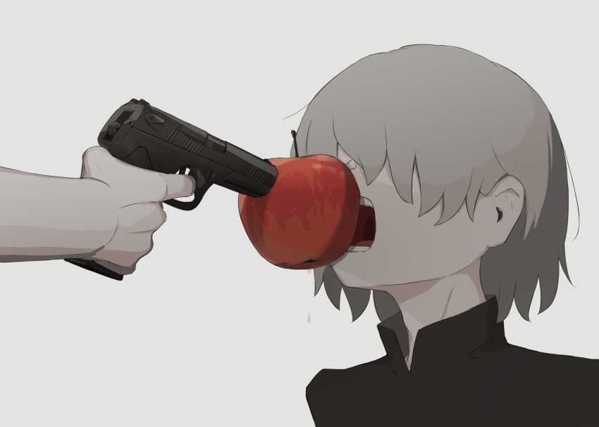 1boy 1other absurdres apple avogado6 black_shirt commentary_request covered_eyes eating finger_on_trigger food fruit grey_hair gun gun_to_head hair_over_eyes highres holding holding_gun holding_weapon open_mouth original red_apple shirt simple_background weapon white_background