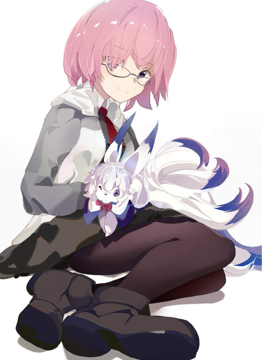 1girl absurdres black-framed_eyewear blush eyebrows_visible_through_hair fate/grand_order fate_(series) fou_(fate) glasses hair_over_one_eye highres jacket long_sleeves looking_at_viewer mash_kyrielight necktie pantyhose pink_hair red_neckwear same_(sendai623) shadow short_hair sitting solo violet_eyes white_background