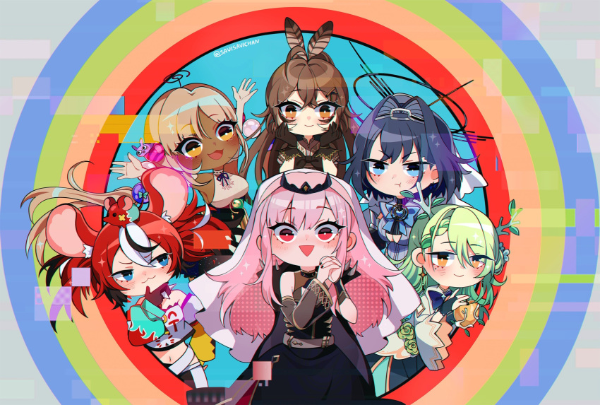 6+girls :3 :d :t animal_ears black_gloves black_hair blue_eyes brown_eyes brown_hair cape ceres_fauna chibi commentary dark-skinned_female dark_skin eyebrows_visible_through_hair gloves green_hair hakos_baelz hands_clasped highres holocouncil hololive hololive_english horns long_hair mori_calliope mouse_ears multicolored_hair multiple_girls nanashi_mumei open_mouth ouro_kronii own_hands_together pink_hair pout red_eyes redhead savi_(byakushimc) short_hair smile tsukumo_sana twitter_username veil yellow_eyes