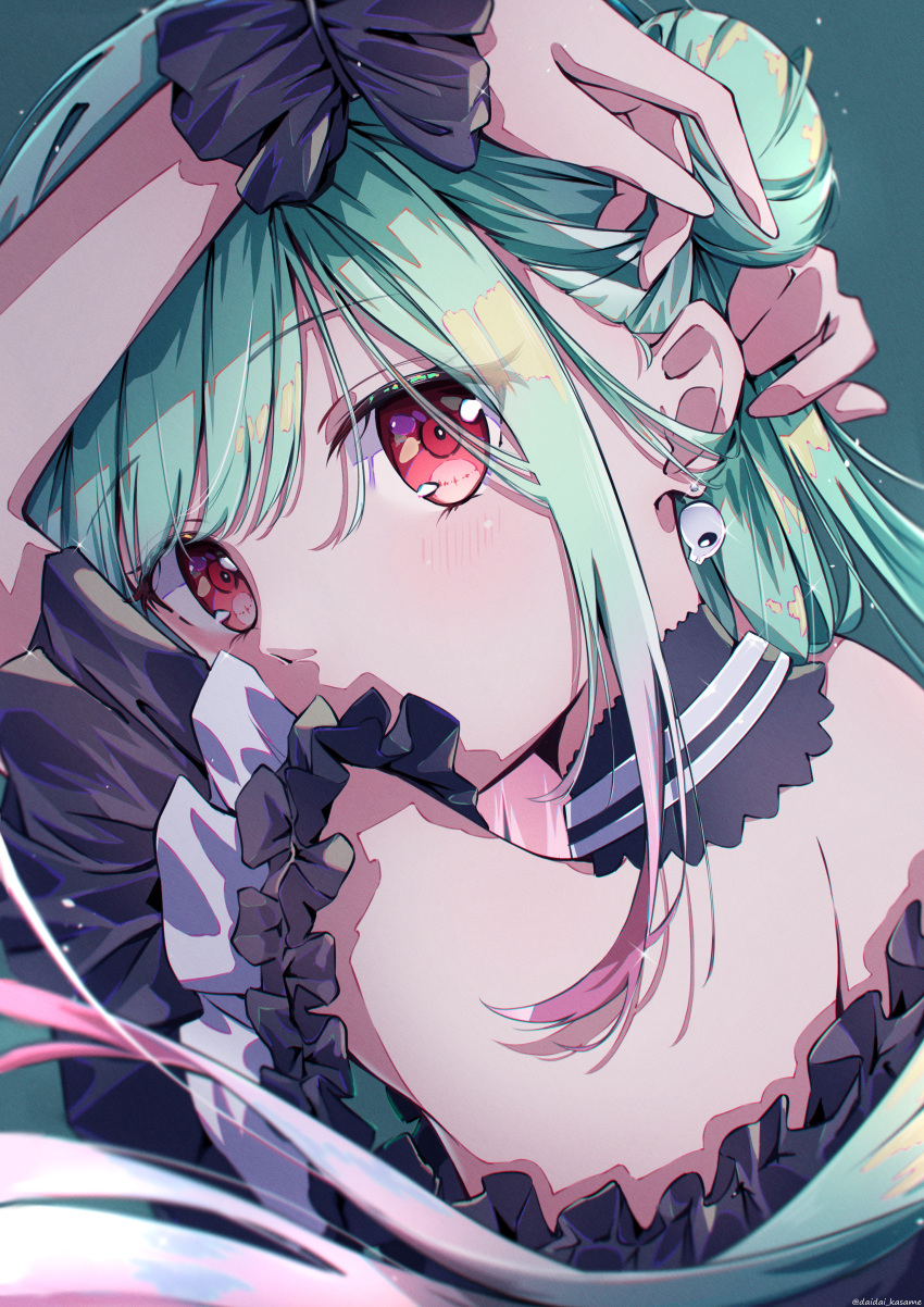 1girl absurdres arms_behind_head arms_up bangs bare_shoulders choker colored_tips daidai_(daidai826) dress ear_piercing earrings eyebrows_visible_through_hair frilled_dress frills green_hair hair_bun highres hololive jewelry light_blush long_hair looking_at_viewer looking_back nape piercing red_eyes skull_earrings solo uruha_rushia virtual_youtuber wrist_bow