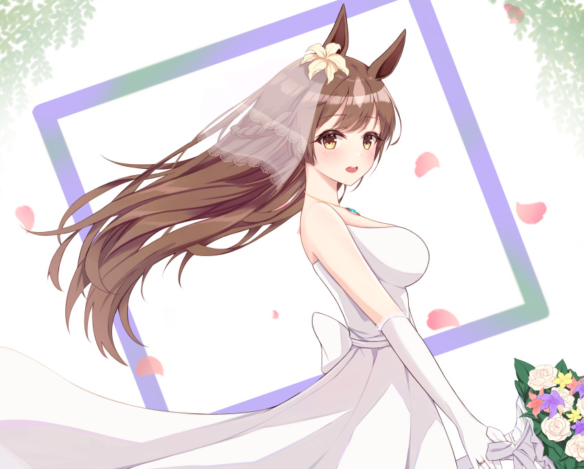 1girl absurdres animal_ears bare_shoulders bouquet braid breasts bridal_veil bride commentary dress elbow_gloves flower gloves hair_flower hair_ornament hand_up highres holding holding_bouquet horse_ears horse_girl jewelry large_breasts looking_at_viewer looking_down necklace okey open_mouth satono_diamond_(umamusume) smile solo strapless strapless_dress umamusume veil wedding_dress white_dress white_gloves