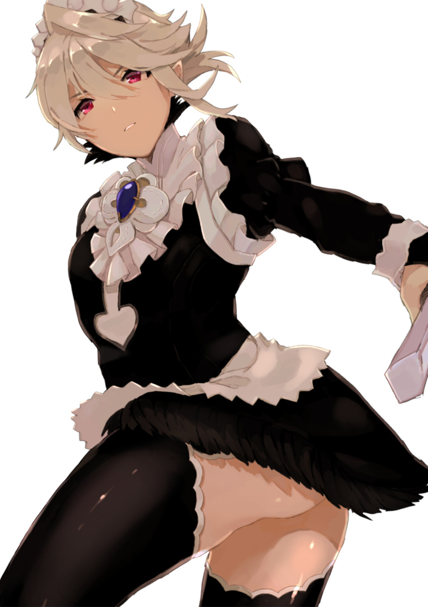 1boy ass blonde_hair contrapposto corrin_(fire_emblem) corrin_(fire_emblem)_(male) crossdressinging dagger fire_emblem fire_emblem_fates frills from_below highres knife miniskirt otoko_no_ko pointy_ears red_eyes simple_background skirt thigh-highs translation_request twisted_torso w_(1999_kyu) weapon white_background