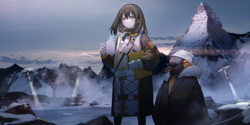 1boy 1girl absurdres arknights beak_mask beanie bird black_jacket brown_hair closed_mouth coat commentary_request cup drone es-ther feet_out_of_frame fur-trimmed_jacket fur_trim gloves hat highres holding holding_cup jacket long_coat long_sleeves magallan_(arknights) mask mask_around_neck medium_hair mountain multicolored_hair penguin puffy_long_sleeves puffy_sleeves searchlight snow standing steam streaked_hair sunglasses the_emperor_(arknights) white_coat white_gloves white_headwear yellow_eyes