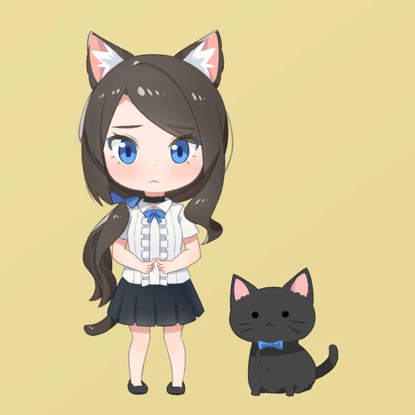 1girl aina_(mao_lian) animal_ear_fluff animal_ears black_choker black_footwear blue_bow blue_eyes blush bow bowtie brown_hair cat cat_ears cat_tail chibi choker closed_mouth fidgeting fingers_together hair_over_shoulder highres long_hair looking_at_viewer mao_lian_(nekokao) miniskirt original pleated_skirt shirt shoes short_sleeves simple_background skirt smile solo standing tail very_long_hair white_shirt yellow_background