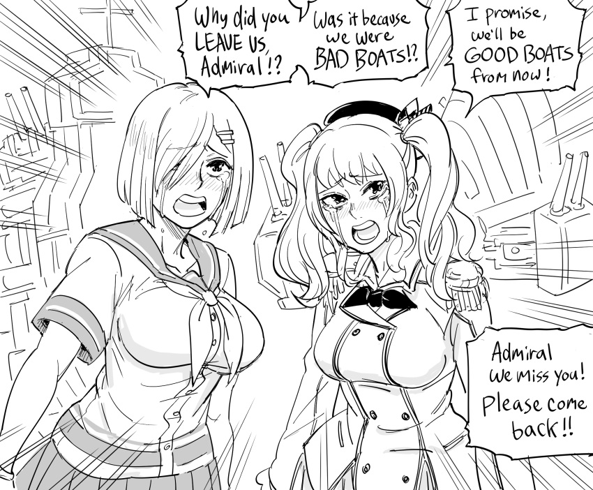 2girls bb_(baalbuddy) blush breasts dress english_commentary english_text greyscale hair_ribbon hamakaze_(kancolle) highres kantai_collection kashima_(kancolle) monochrome multiple_girls necktie ribbon sailor_dress short_hair short_twintails speech_bubble tearing_up tears twintails uniform