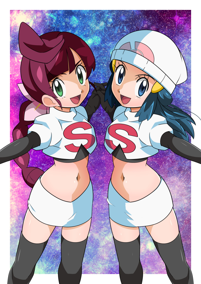 2girls alternate_costume beanie black_footwear black_legwear blue_eyes boots border braid braided_ponytail chloe_(pokemon) cosplay hikari_(pokemon) elbow_gloves feet_out_of_frame flower gloves green_eyes hainchu hair_flower hair_ornament hairclip hat highres holding_hands jessie_(pokemon) jessie_(pokemon)_(cosplay) long_hair looking_at_viewer medium_hair midriff miniskirt multiple_girls navel pokemon pokemon_(anime) ponytail single_letter skirt standing starry_background stomach team_rocket_uniform tied_hair white_border white_skirt