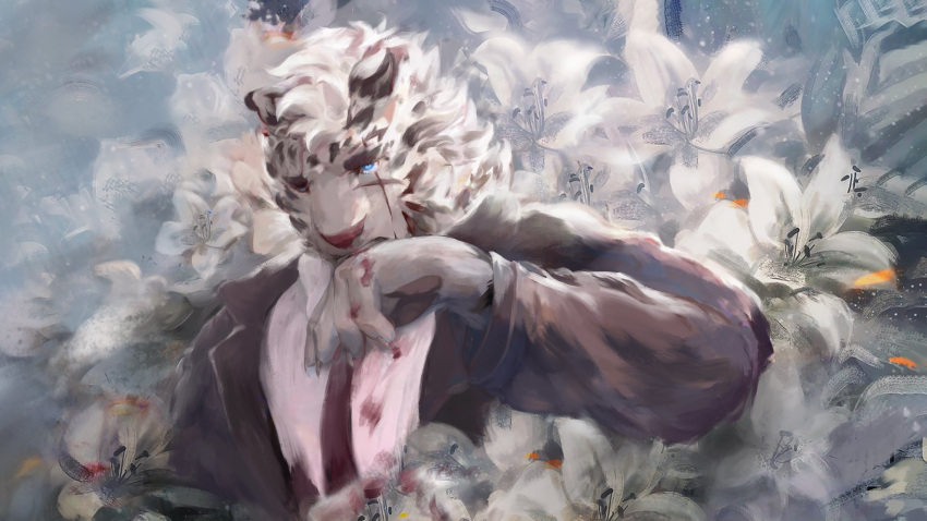 1boy aio_(aio769) animal_ears animal_hands arknights black_suit blood blood_on_clothes blood_on_hands flower formal furry highres lily_(flower) male_focus mountain_(arknights) necktie one_eye_closed scar scar_across_eye shirt short_hair solo thick_eyebrows tiger_boy tiger_ears upper_body waterpaint white_flower white_fur white_hair white_shirt