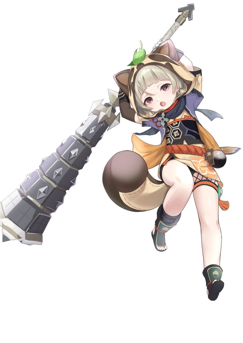 1girl :o animal_ears animal_hood arin_(1010_ssu) arms_up bangs black_scarf blunt_bangs club_(weapon) commentary_request eyebrows_visible_through_hair fake_animal_ears fake_tail genshin_impact highres holding holding_weapon hood japanese_clothes leaf leaf_on_head looking_at_viewer ninja raccoon_ears raccoon_tail sayu_(genshin_impact) scarf short_hair sidelocks silver_hair simple_background solo tail violet_eyes vision_(genshin_impact) weapon white_background