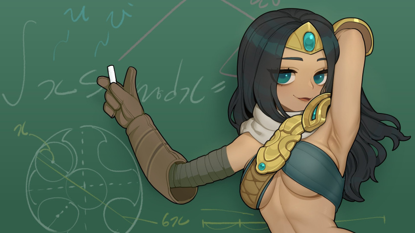 1girl armpits black_hair blue_eyes breasts brown_gloves chalkboard copyright_request gloves hand_up highres holding_chalk league_of_legends looking_at_viewer medium_breasts parted_lips pointing sivir sling_bikini_top smile solo sparrowl under_boob upper_body